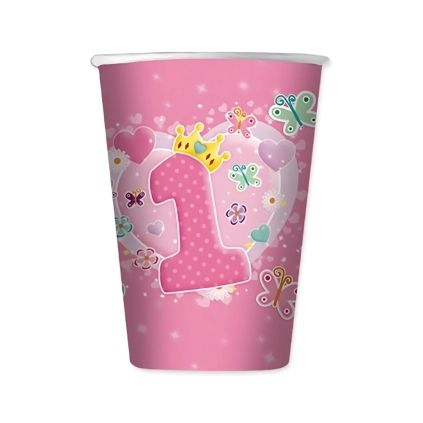 Bicchieri Primo Compleanno Rosa 200cc in carta, 10pz.
