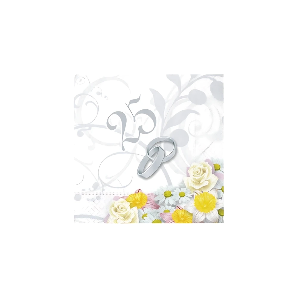 Tovaglioli Anniversario 25 anni, nozze d'argento decorati con fiori 25x25cm, 20pz.