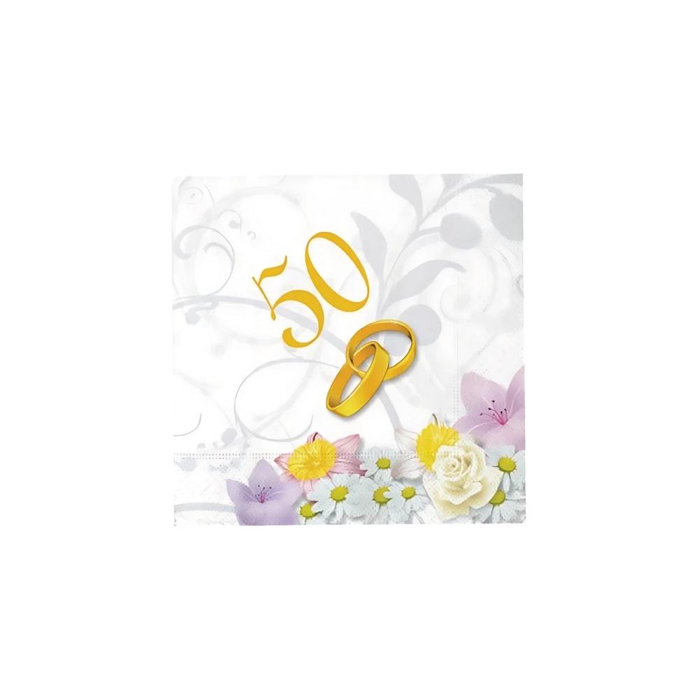 Tovaglioli Anniversario 50 anni, nozze d'oro decorati con fiori 25x25cm, 20pz.