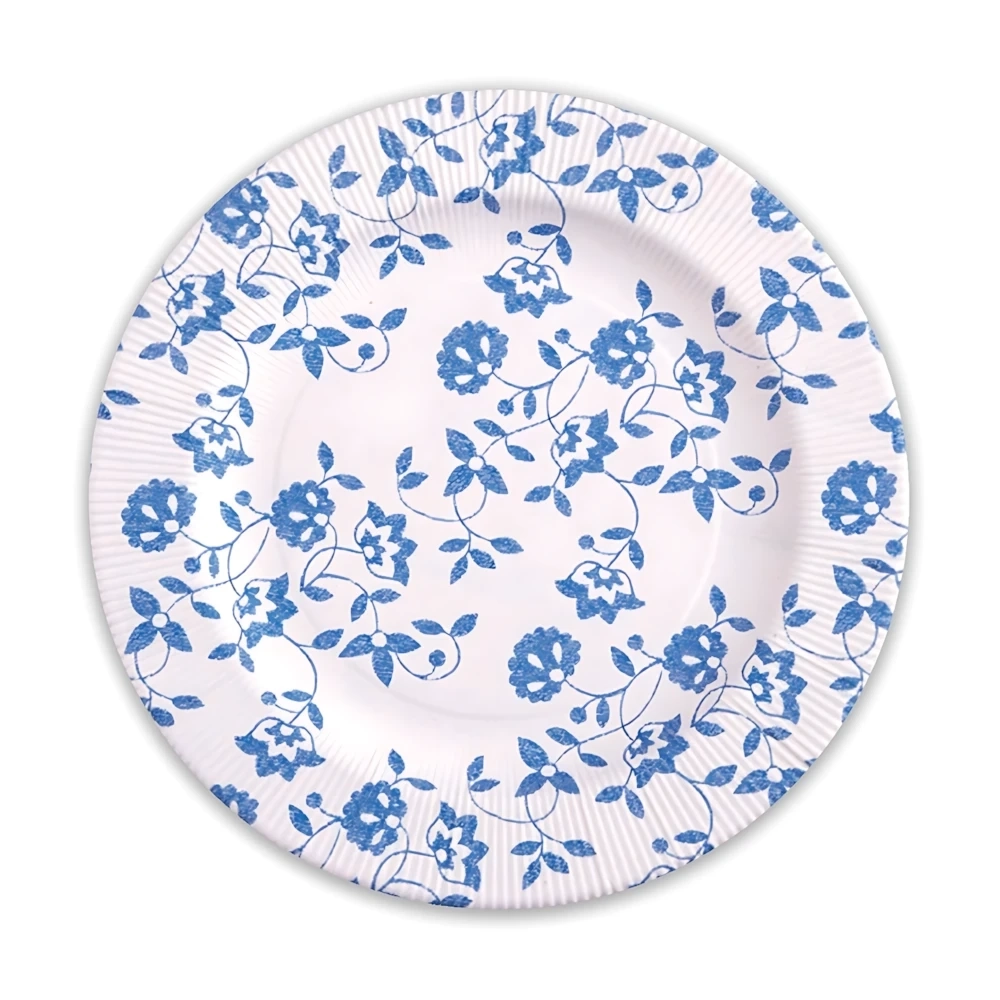 Piatti Blu grandi in cartoncino compostabile, bordo pieghettato e stampa Natura 27cm, 8pz.