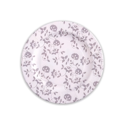 Piatti Taupe piccoli in cartoncino compostabile, bordo pieghettato e stampa Natura 21cm, 8pz.