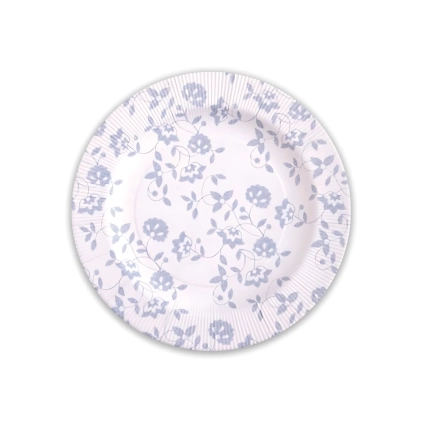 Piatti Argento piccoli in cartoncino compostabile, bordo pieghettato e stampa Natura 21cm, 8pz.