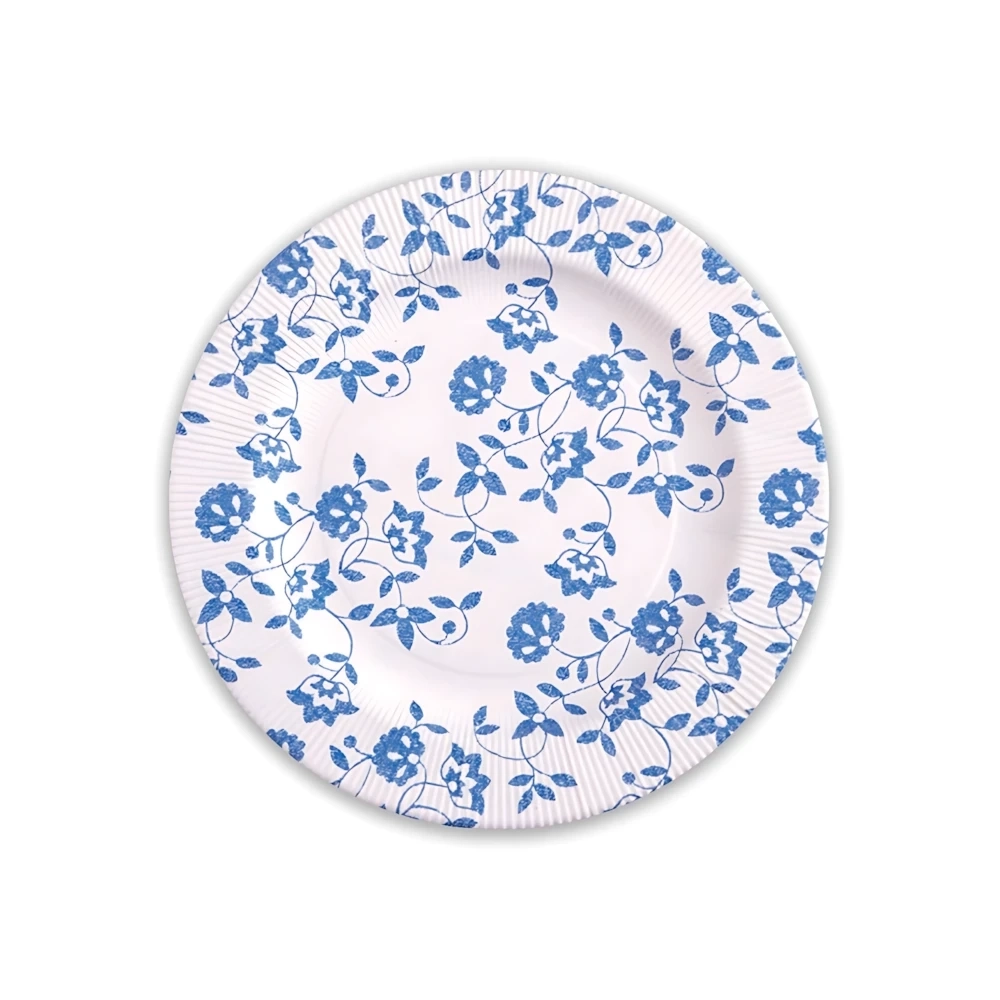 Piatti Blu piccoli in cartoncino compostabile, bordo pieghettato e stampa Natura 21cm, 8pz.