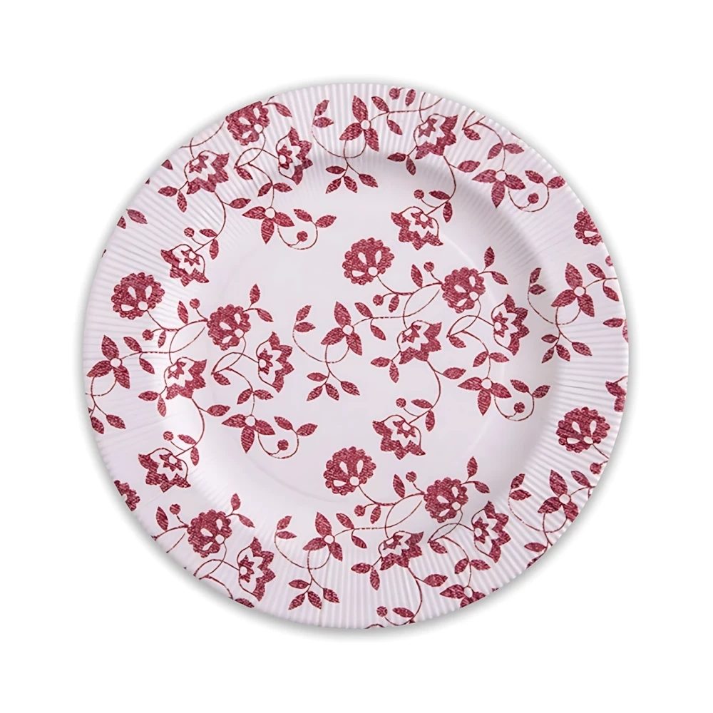 Piatti Rossi fondi in cartoncino compostabile, bordo pieghettato e stampa Natura 25,5cm, 8pz.