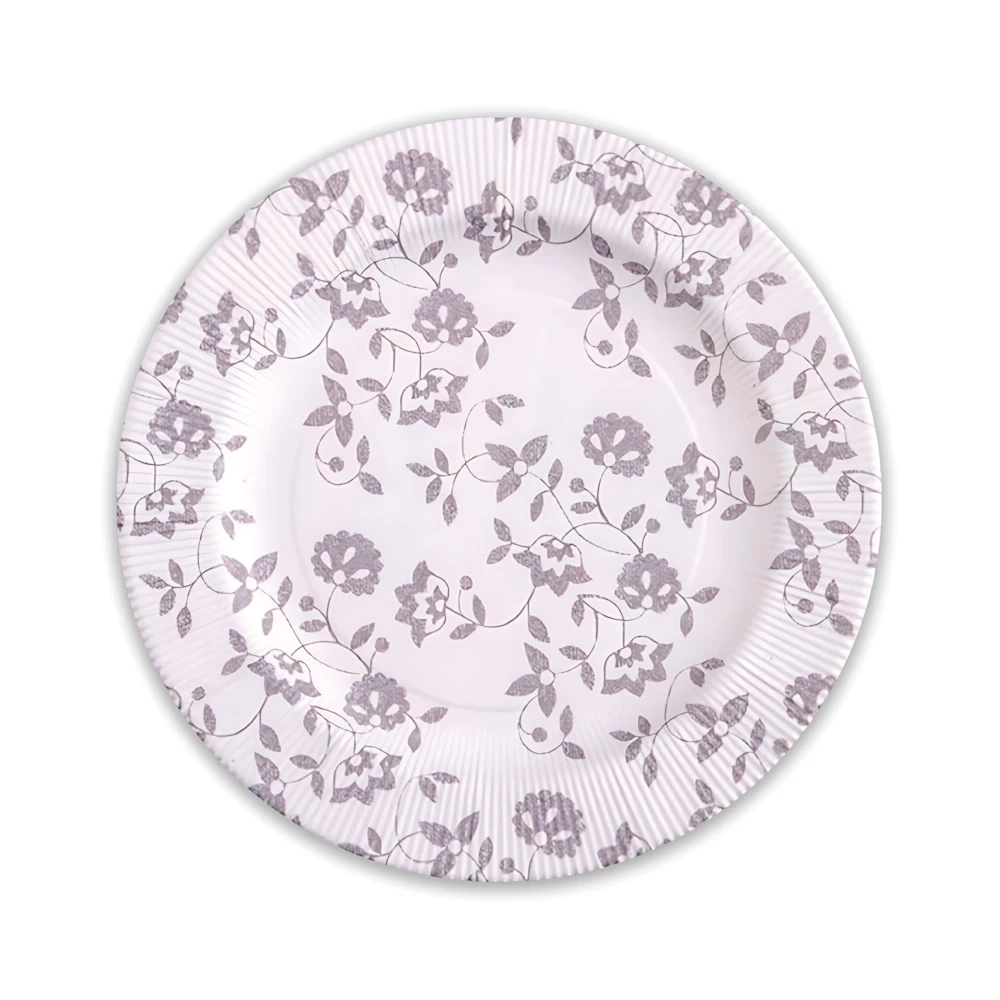 Piatti Taupe fondi in cartoncino compostabile, bordo pieghettato e stampa Natura 25,5cm, 8pz.