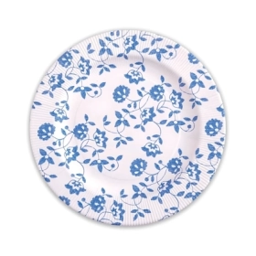 Piatti Blu fondi in cartoncino compostabile, bordo pieghettato e stampa Natura 25,5cm, 8pz.