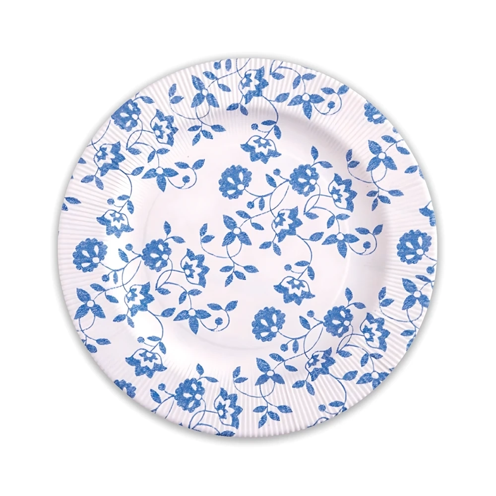 Piatti Blu fondi in cartoncino compostabile, bordo pieghettato e stampa Natura 25,5cm, 8pz.