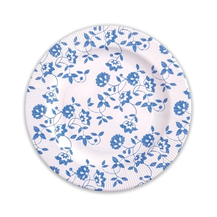 Piatti Blu fondi in cartoncino compostabile, bordo pieghettato e stampa Natura 25,5cm, 8pz.