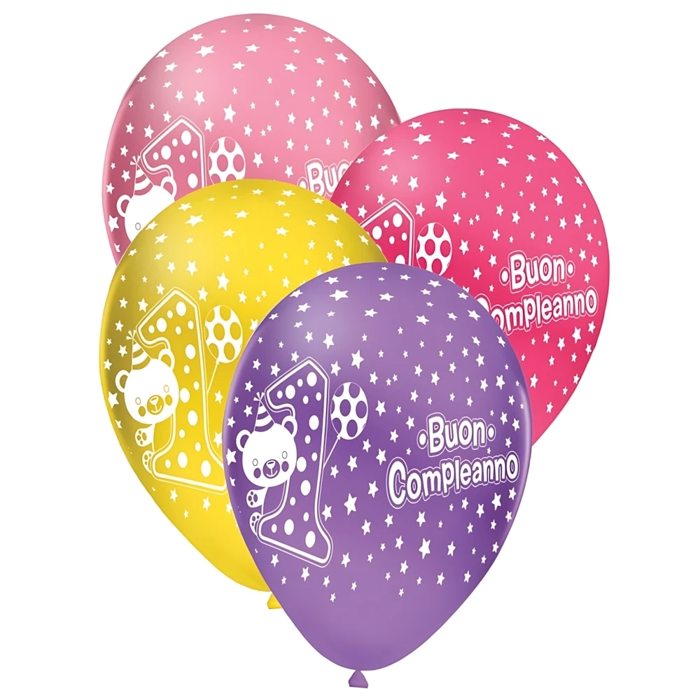 Palloncini 12" (30cm) assortiti con stampa bianca 1° Compleanno globo, 100pz.