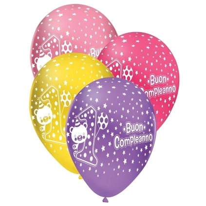 Palloncini 12" (30cm) assortiti con stampa bianca 1° Compleanno globo, 100pz.