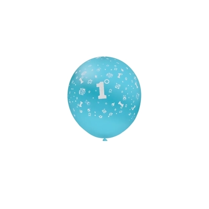 Palloncini 5" (12cm) celeste 46 con stampa bianca 1° Compleanno globo, 100pz.