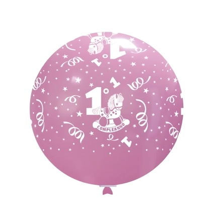 Palloncini 33" (86cm) rosa 26 con stampa bianca 1° Compleanno globo, 1pz.