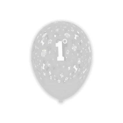 Palloncini 12" (30cm) Trasparente 57 con stampa bianca 1° Compleanno globo, 100pz.