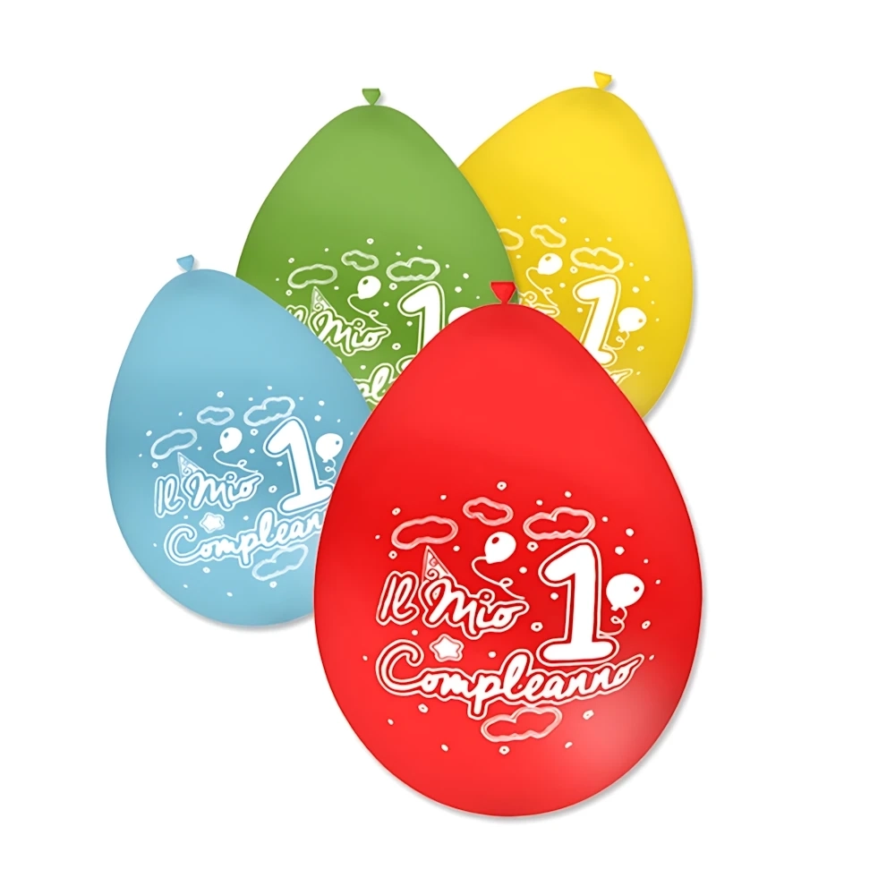Palloncini 10" (26cm) assortiti con stampa bianca 1° Compleanno su 2 lati, 100pz.
