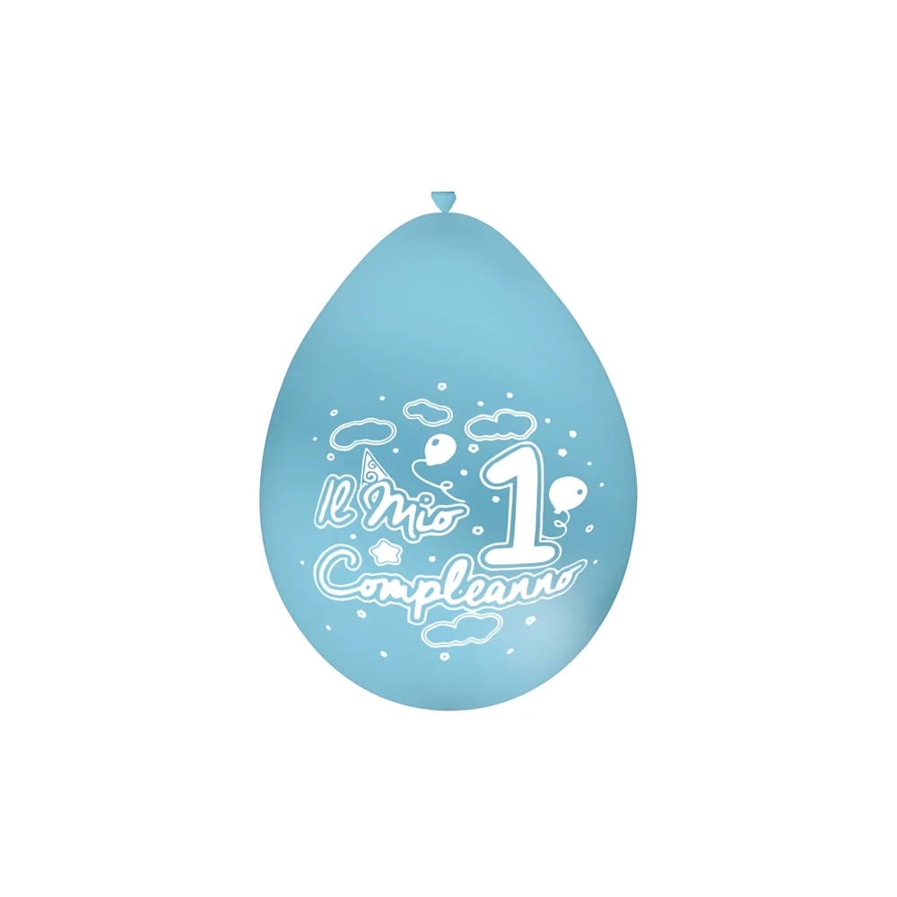 Palloncini 10" (26cm) celeste 46 con stampa bianca 1° Compleanno su 2 lati, 100pz.