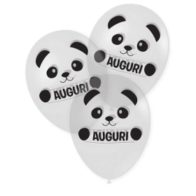 Palloncini 12" (30cm) trasparente 57 con stampa bianca Auguri Panda su 2 lati, 100pz.