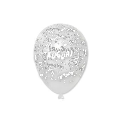 Palloncini 12" (30cm) trasparente 57 con stampa bianca Auguri globo, 100pz.