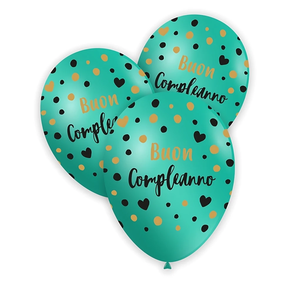 Palloncini 13" (33cm) acquamarina con stampa nero e oro Buon Compleanno globo, 100pz.