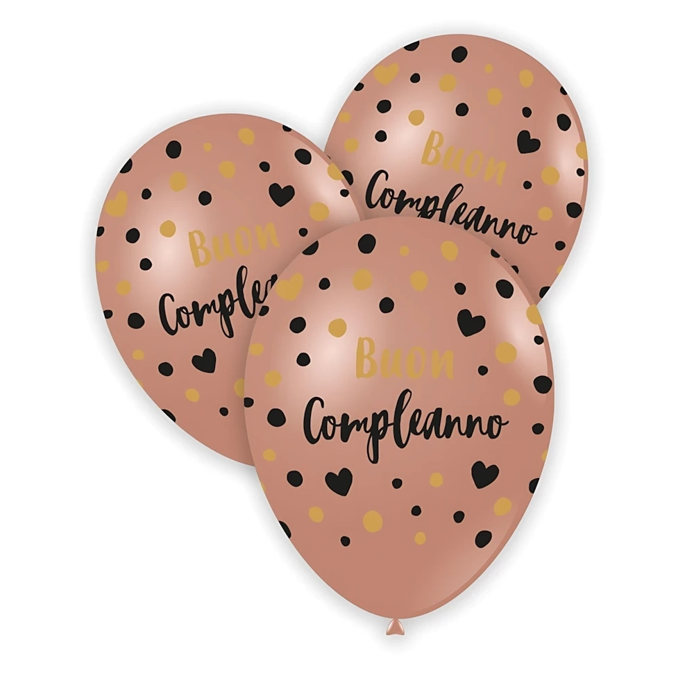 Palloncini 13" (33cm) rosa gold con stampa nero e oro Buon Compleanno globo, 100pz.