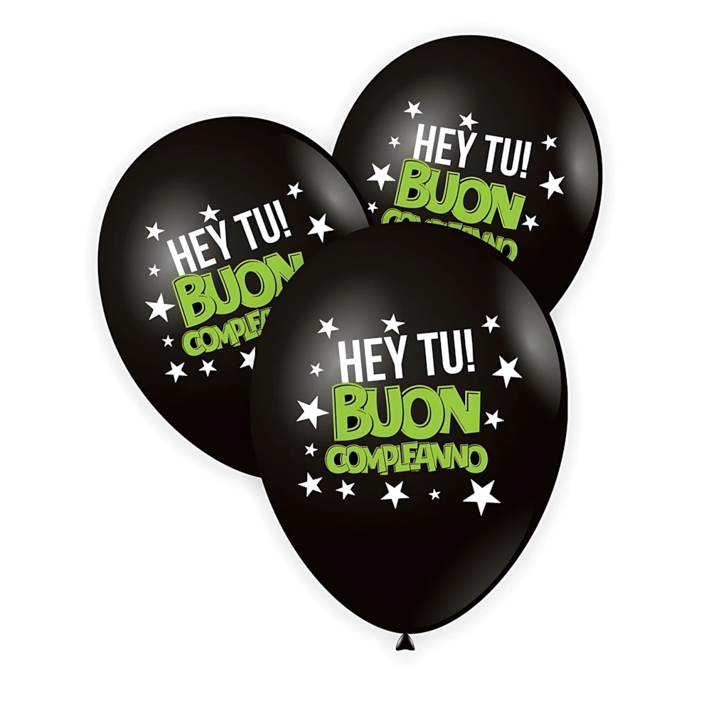 Palloncini 12" (30cm) nero 15 con stampa bianca e verde Hey tu B.C. su due lati, 50pz.