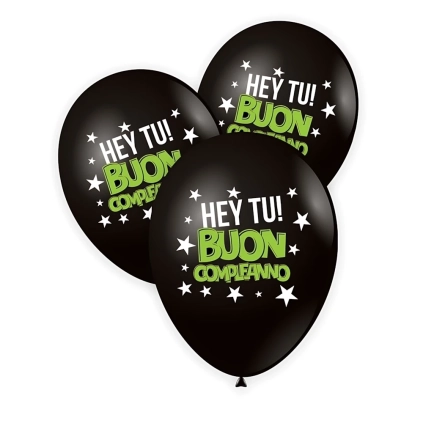 Palloncini 12" (30cm) nero 15 con stampa bianca e verde Hey tu B.C. su due lati, 50pz.