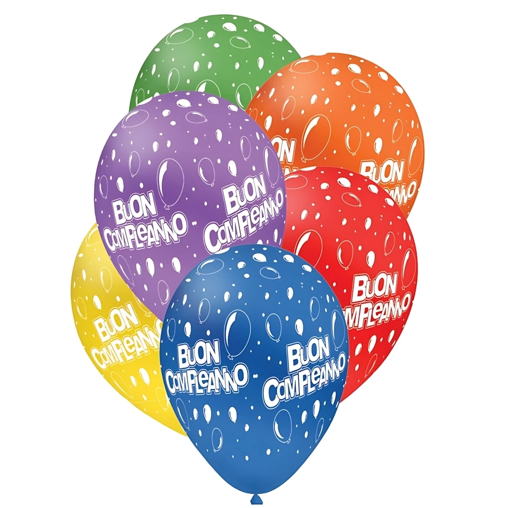 Palloncini 12" (30cm) assortiti con stampa bianca Buon Compleanno Globo, 100pz.