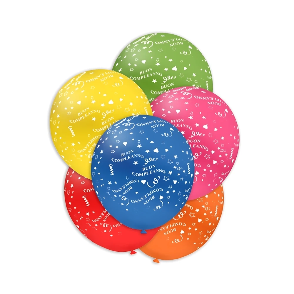 Palloncini 5" (12cm) assortiti con stampa bianca Buon Compleanno Globo, 100pz.