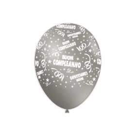 Palloncini 12" (30cm) argento con stampa bianca Buon Compleanno Globo, 100pz.
