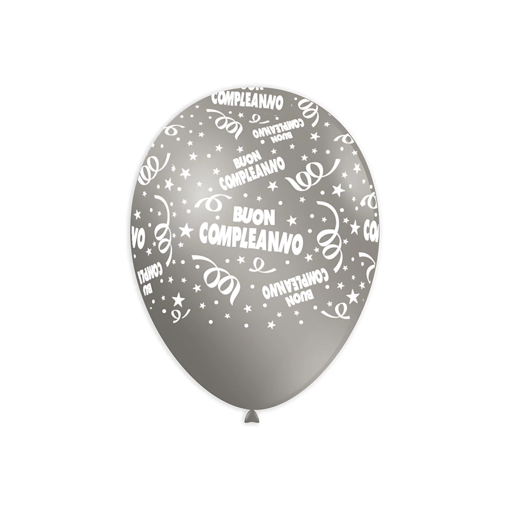 Palloncini 12" (30cm) argento con stampa bianca Buon Compleanno Globo, 100pz.
