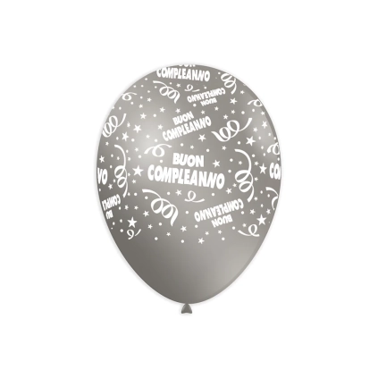 Palloncini 12" (30cm) argento con stampa bianca Buon Compleanno Globo, 100pz.