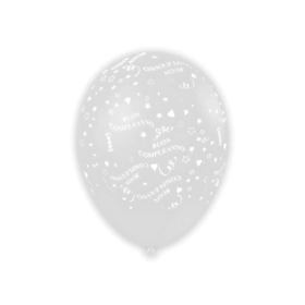 Palloncini 12" (30cm) trasparente 57 con stampa bianca Buon Compleanno Globo, 100pz.