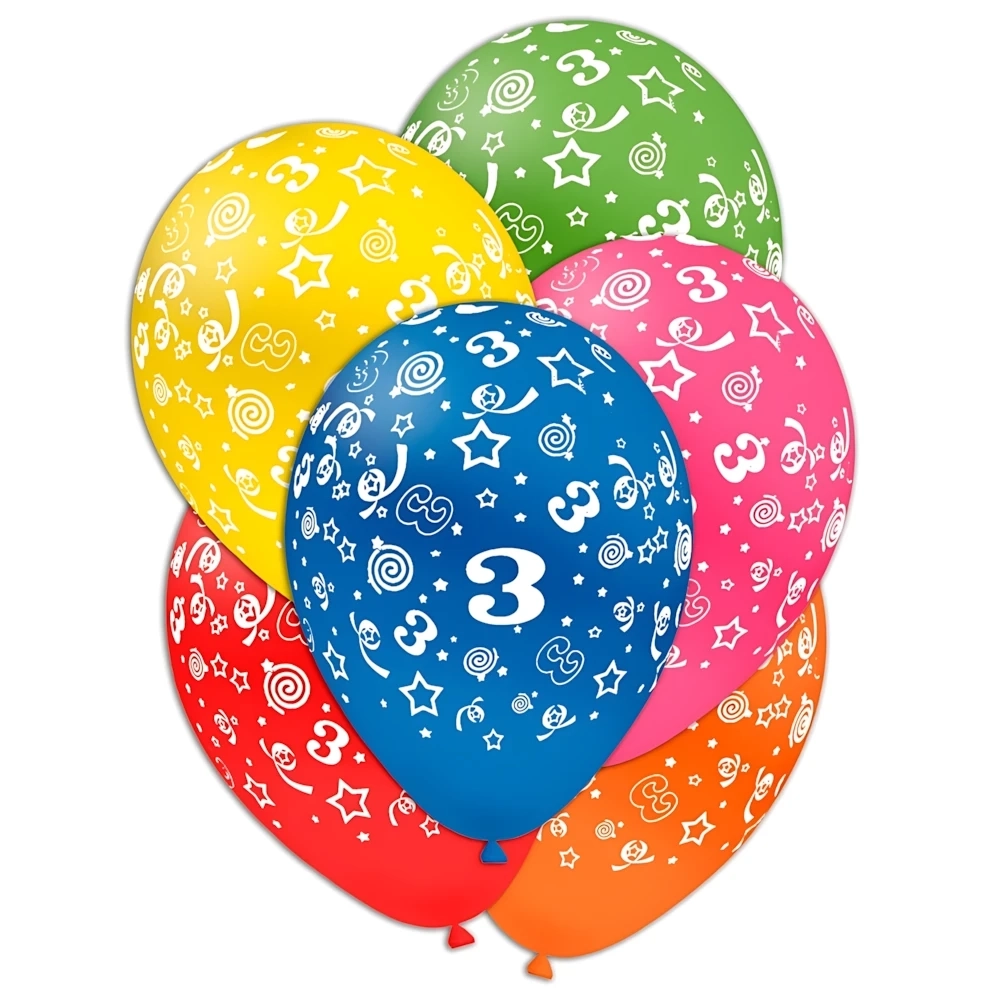 Palloncini 12" (30cm) assortiti con stampa bianca globo Numero 3, 100pz.