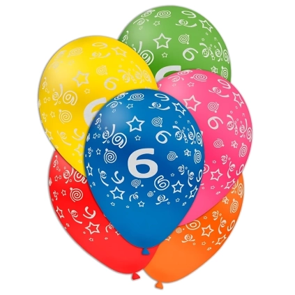 Palloncini 12" (30cm) assortiti con stampa bianca globo Numero 6, 100pz.