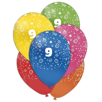 Palloncini 12" (30cm) assortiti con stampa bianca globo Numero 9, 100pz.