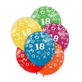 Palloncini 5" (12cm) assortiti con stampa bianca globo Numero 18, 100pz.
