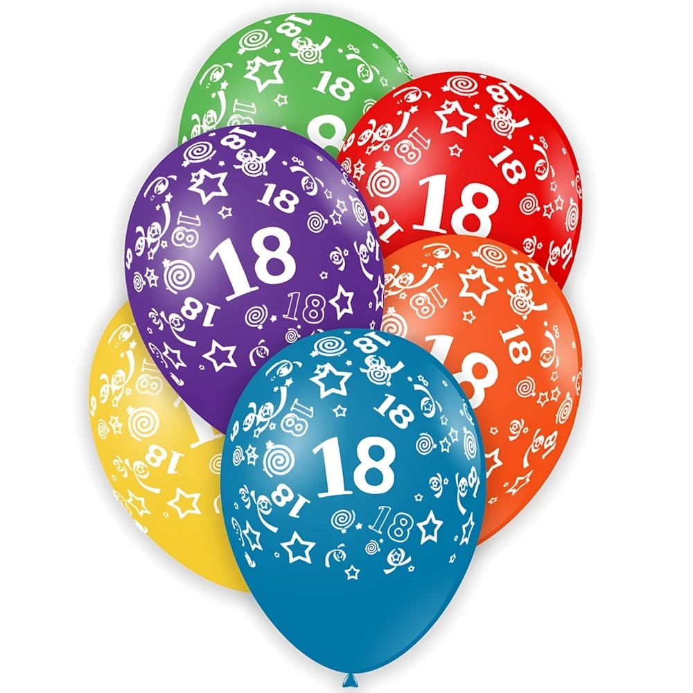 Palloncini 12" (30cm) assortiti con stampa bianca globo Numero 18, 100pz.
