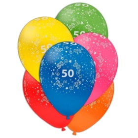 Palloncini 12" (30cm) assortiti con stampa bianca globo Numero 50, 100pz.