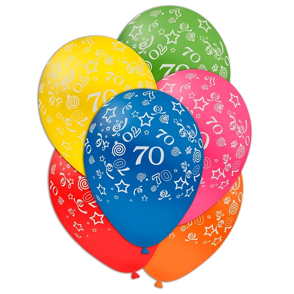 Palloncini 12" (30cm) assortiti con stampa bianca globo Numero 70, 100pz.