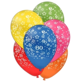 Palloncini 12" (30cm) assortiti con stampa bianca globo Numero 80, 100pz.