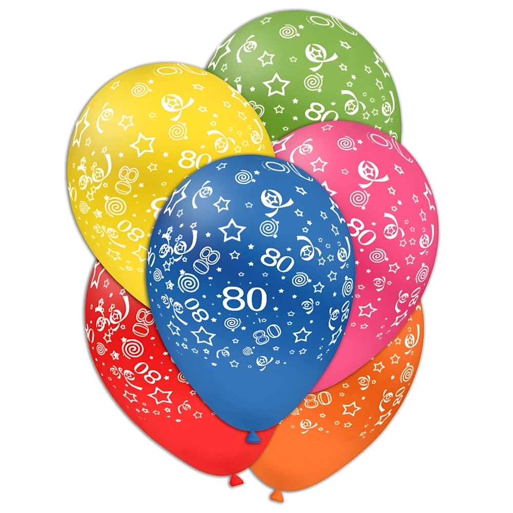 Palloncini 12" (30cm) assortiti con stampa bianca globo Numero 80, 100pz.