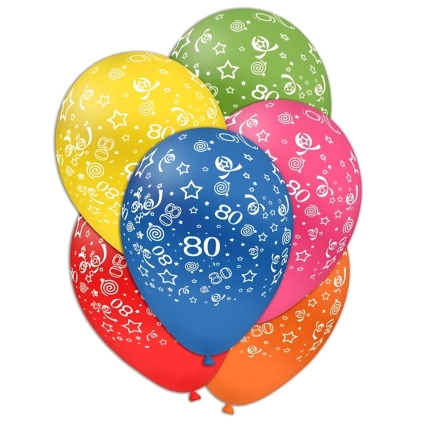 Palloncini 12" (30cm) assortiti con stampa bianca globo Numero 80, 100pz.