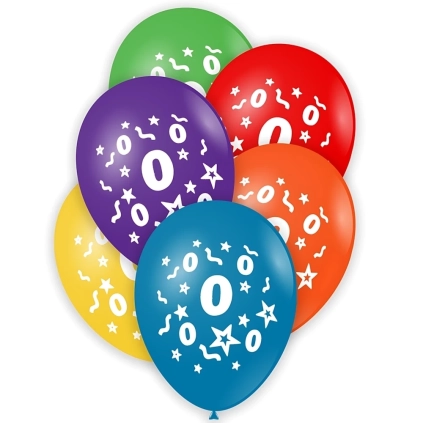 Palloncini 12" (30cm) assortiti con stampa bianca Numero 0 su due lati, 100pz.