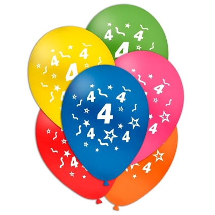 Palloncini 12" (30cm) assortiti con stampa bianca Numero 4 su due lati, 100pz.