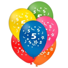 Palloncini 12" (30cm) assortiti con stampa bianca Numero 5 su due lati, 100pz.