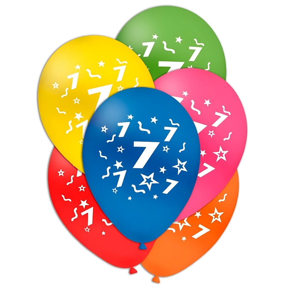 Palloncini 12" (30cm) assortiti con stampa bianca Numero 7 su due lati, 100pz.