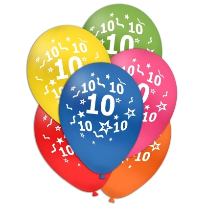 Palloncini 12" (30cm) assortiti con stampa bianca Numero 10 su due lati, 100pz.
