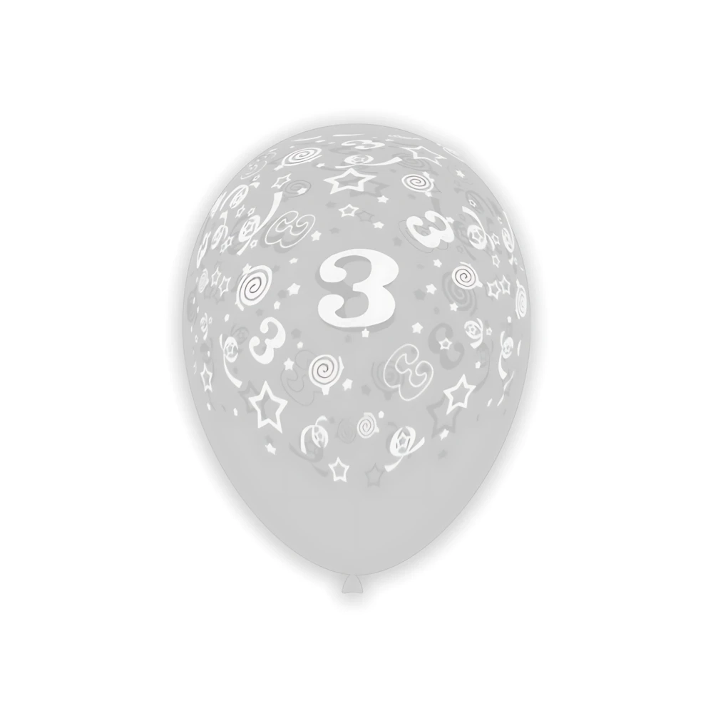 Palloncini 12" (30cm) trasparente 57 con stampa bianca globo Numero 3, 100pz.