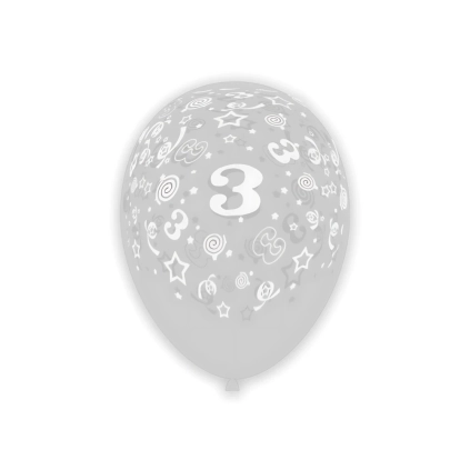 Palloncini 12" (30cm) trasparente 57 con stampa bianca globo Numero 3, 100pz.