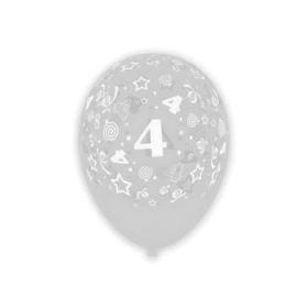 Palloncini 12" (30cm) trasparente 57 con stampa bianca globo Numero 4, 100pz.