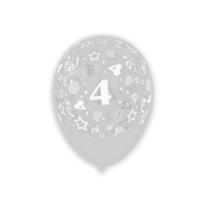 Palloncini 12" (30cm) trasparente 57 con stampa bianca globo Numero 4, 100pz.
